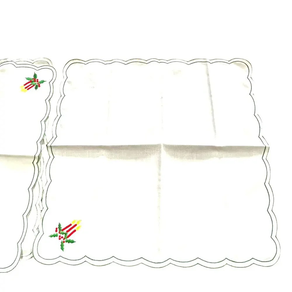 PAIR of Christmas table mats doilies toppers white candle poinsettia embroidery
